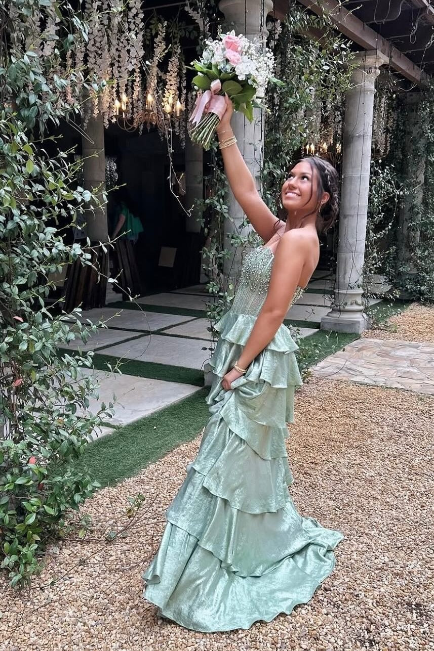 Pretty A Line Strapless Light Green Corset Prom Dress with Beading Ruffles