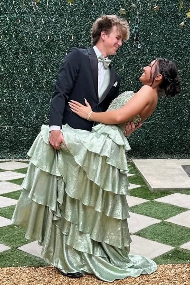 Pretty A Line Strapless Light Green Corset Prom Dress with Beading Ruffles