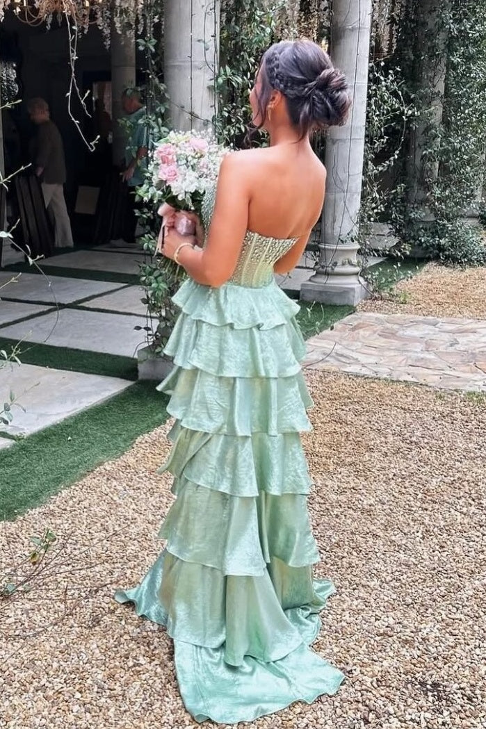 Pretty A Line Strapless Light Green Corset Prom Dress with Beading Ruffles