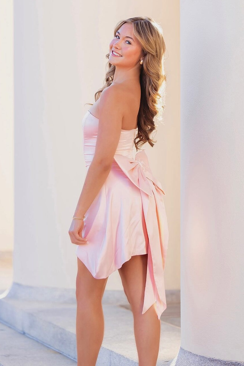 Sweet A Line Strapless Light Pink Short Homecoming Dress with Bowknot
