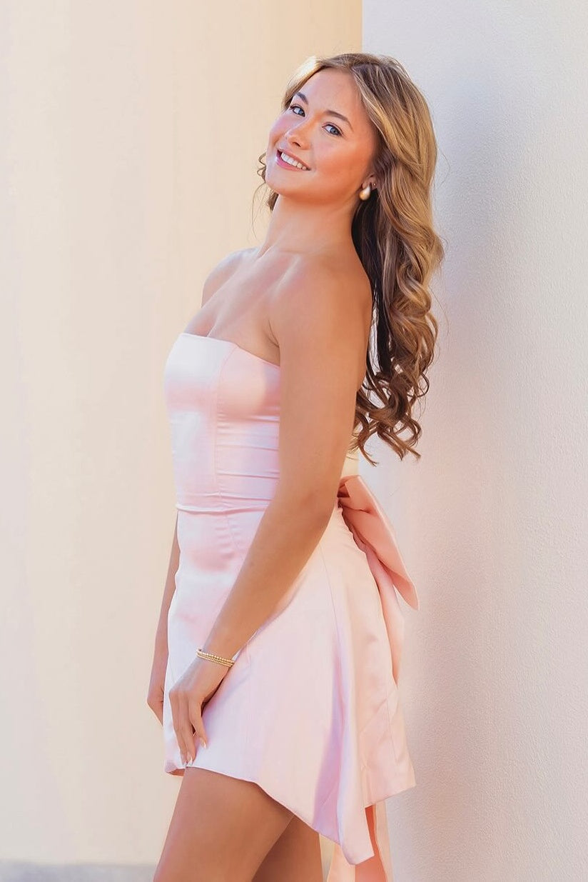 Sweet A Line Strapless Light Pink Short Homecoming Dress with Bowknot