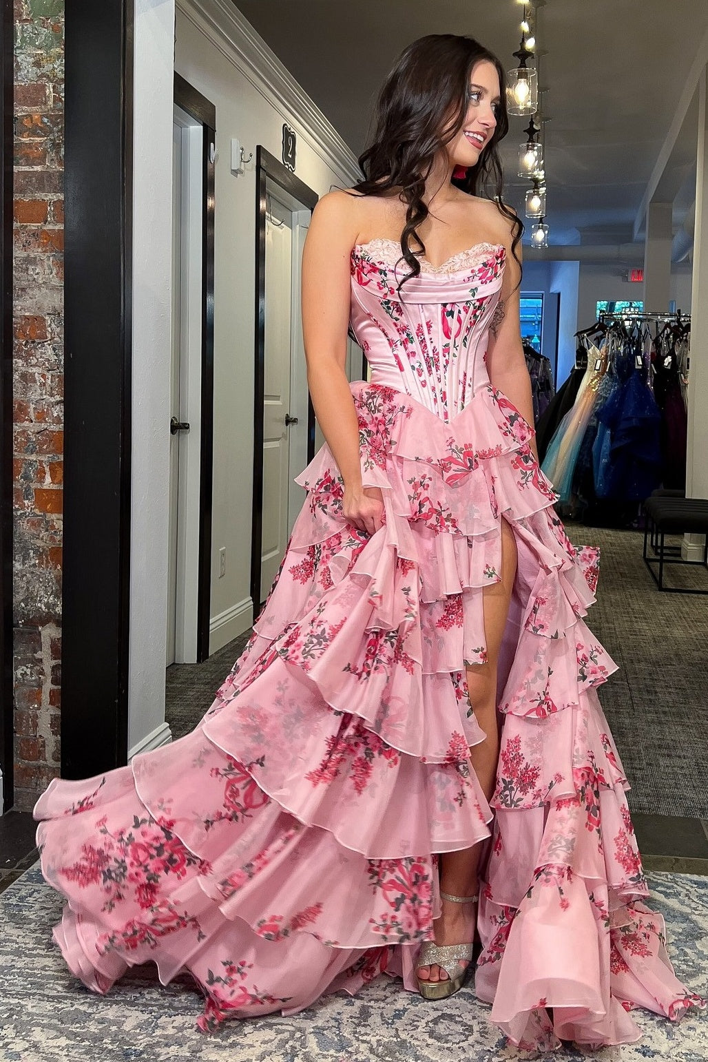 Pretty A Line Sweetheart Pink Corset Prom Dress with Appliques Ruffles