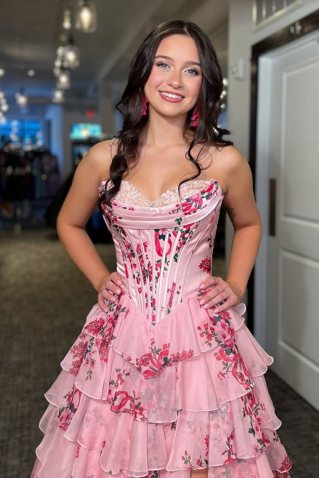 Pretty A Line Sweetheart Pink Corset Prom Dress with Appliques Ruffles