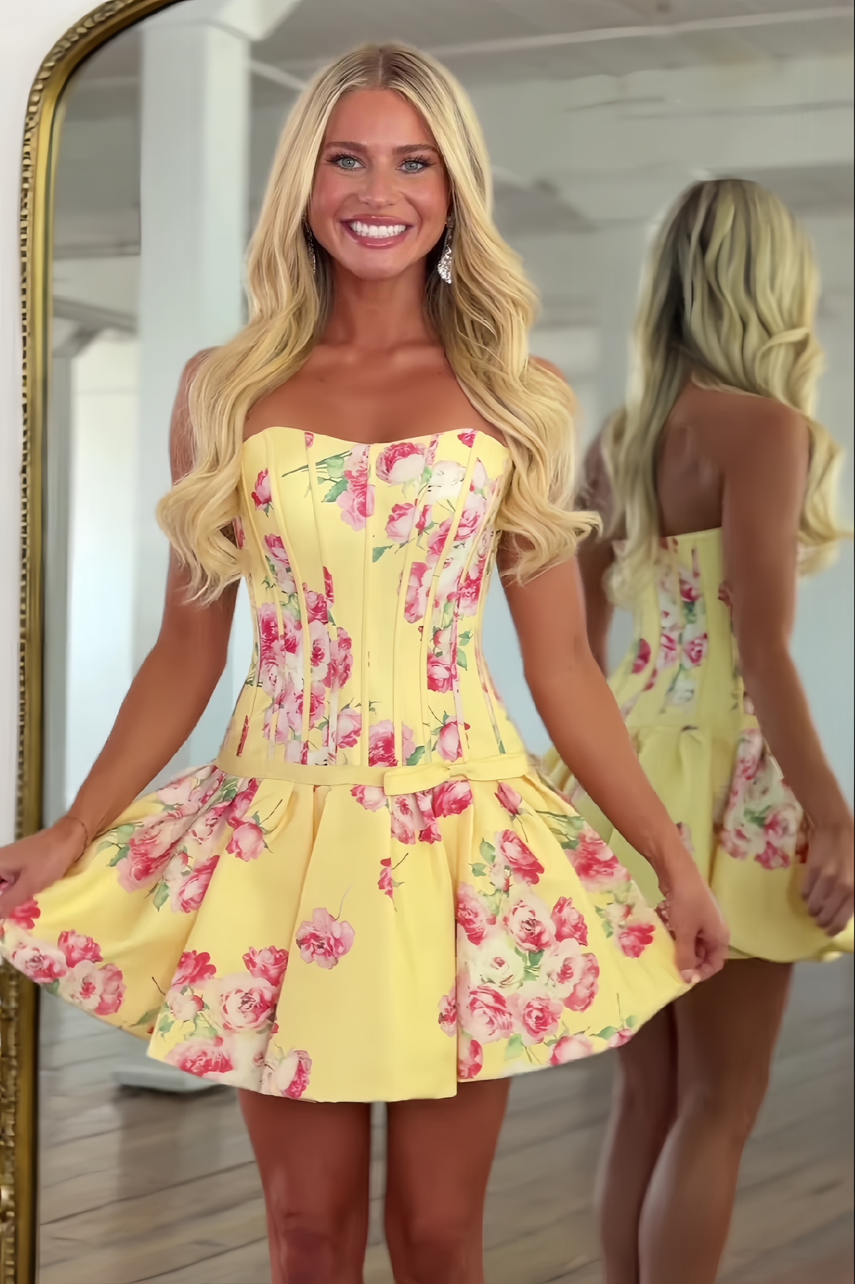 Pretty A Line Sweetheart Yellow Printed Corset Homecoming Dress with Bowknot