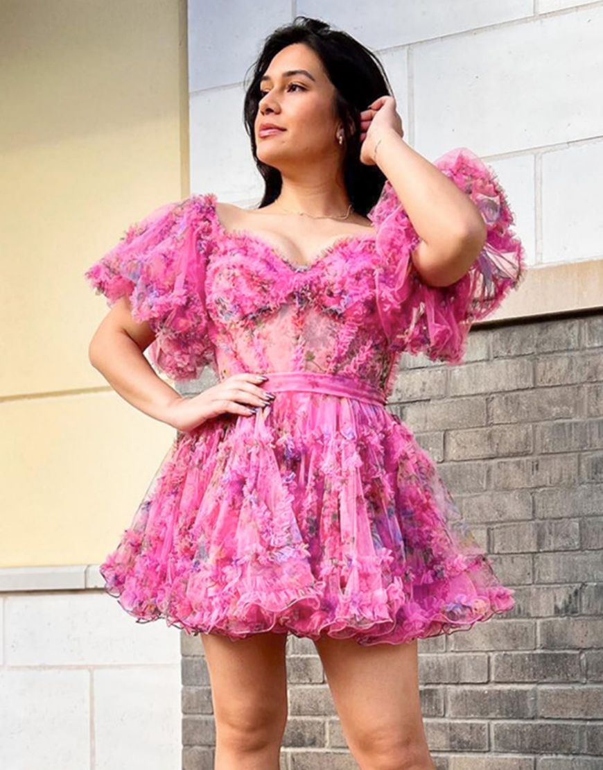 Pretty Fuchsia Puff Sleeves A-Line Short Party Dress