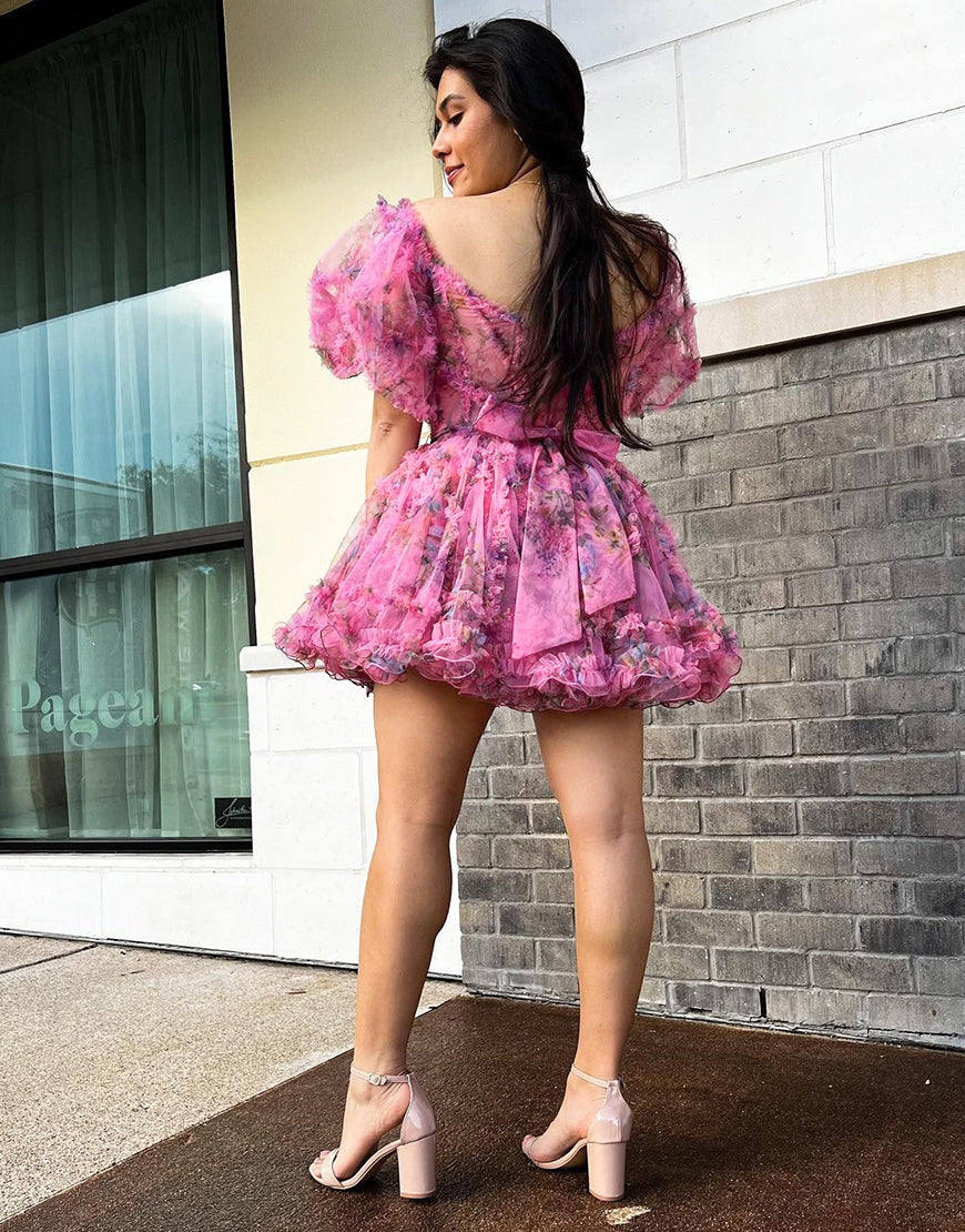 Pretty Fuchsia Puff Sleeves A-Line Short Party Dress
