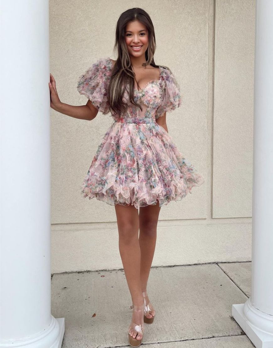 Pretty Fuchsia Puff Sleeves A-Line Short Party Dress