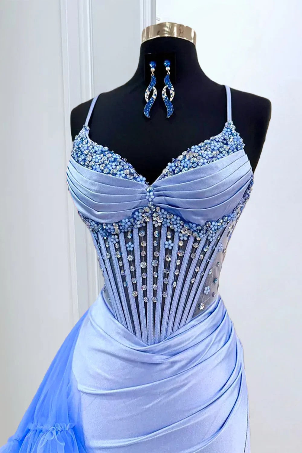 Gorgeous Mermaid Spaghetti Straps Blue Corset Prom Dress with Beading - View 2 | VelvetHem
