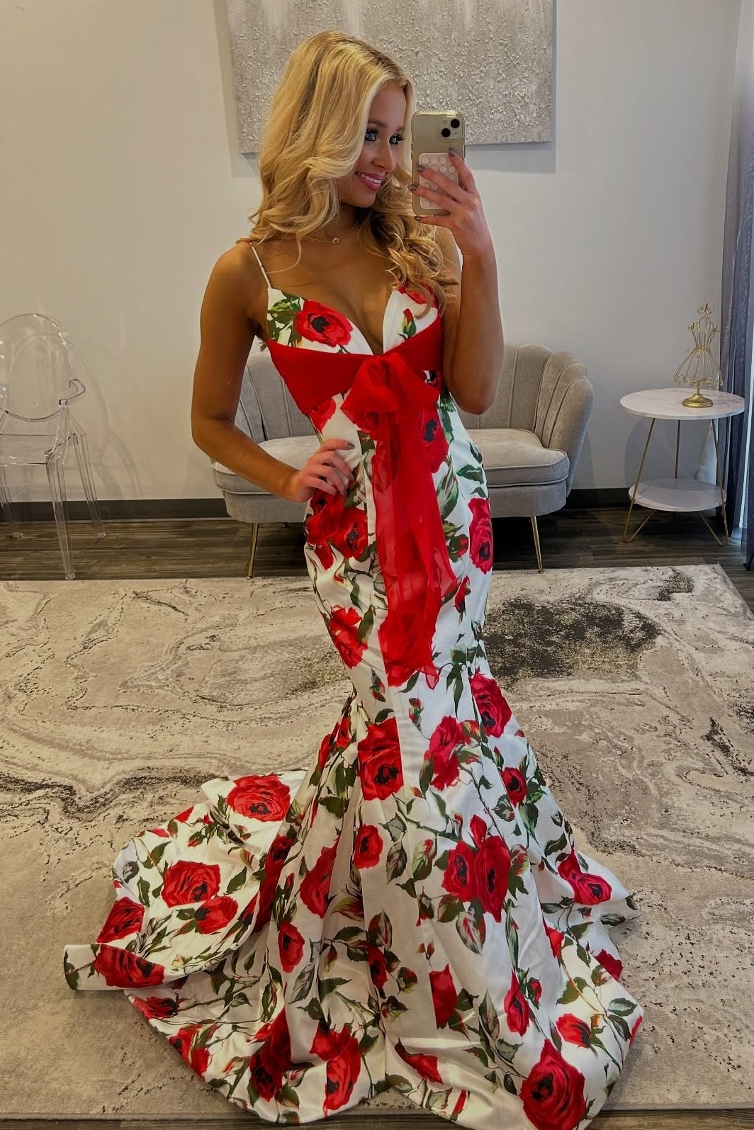 Sweety Mermaid Spaghetti Straps Pink Floral Printed Long Prom Dress with Bowknot - View 5 | VelvetHem