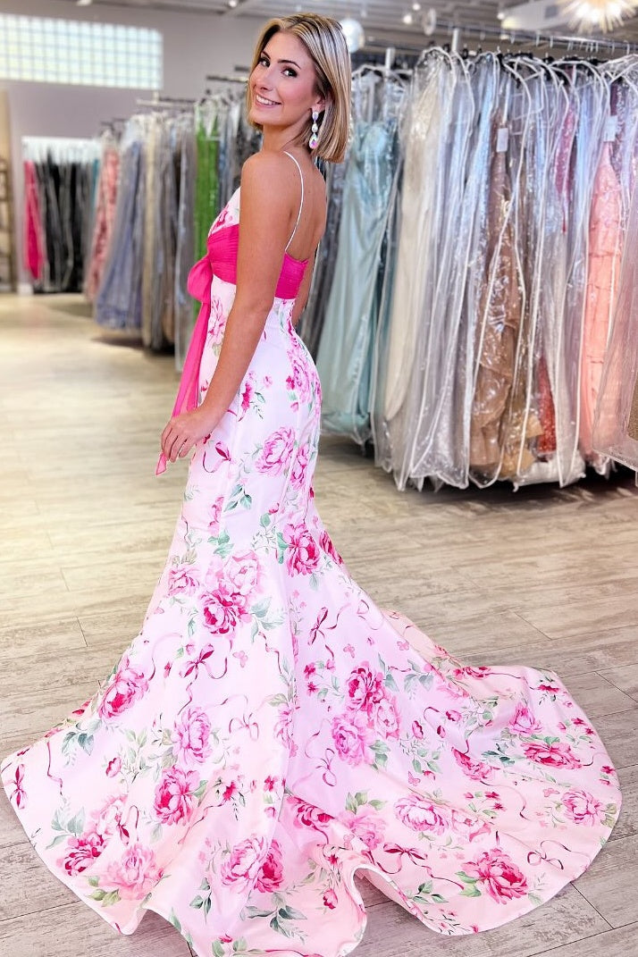 Sweety Mermaid Spaghetti Straps Pink Floral Printed Long Prom Dress with Bowknot - View 4 | VelvetHem