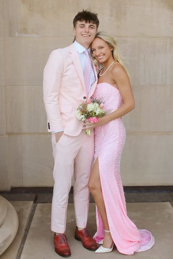 Pretty Mermaid Strapless Pink Long Prom Dress with Pearls - View 6 | VelvetHem