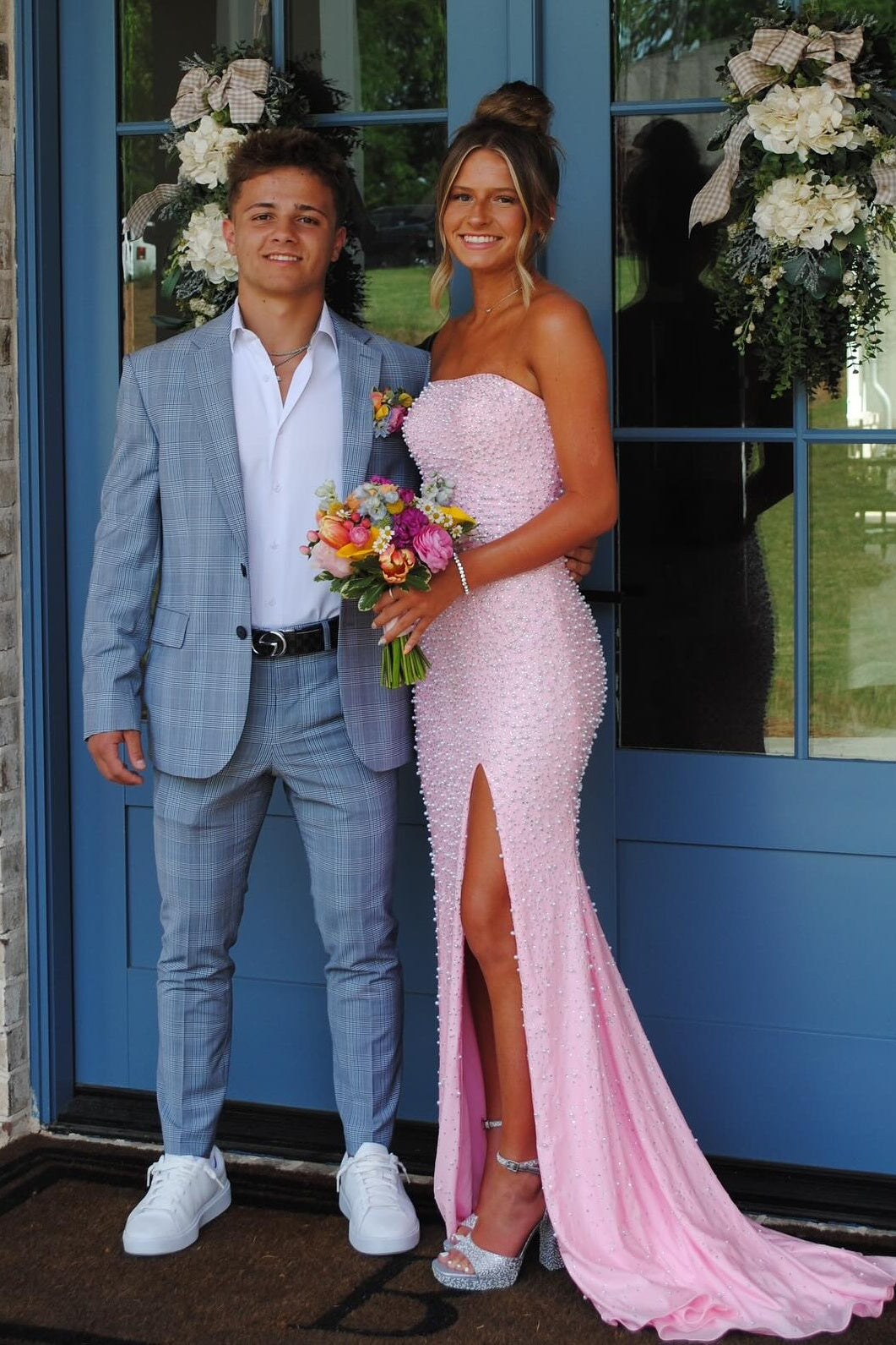 Pretty Mermaid Strapless Pink Long Prom Dress with Pearls - View 4 | VelvetHem