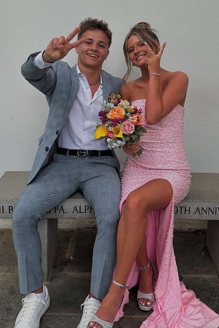 Pretty Mermaid Strapless Pink Long Prom Dress with Pearls - View 8 | VelvetHem