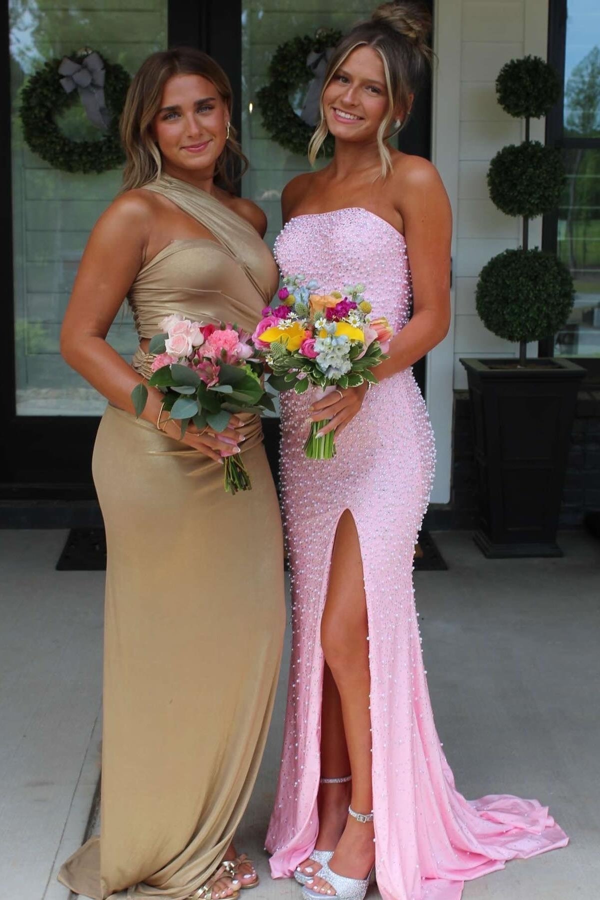 Pretty Mermaid Strapless Pink Long Prom Dress with Pearls - View 9 | VelvetHem