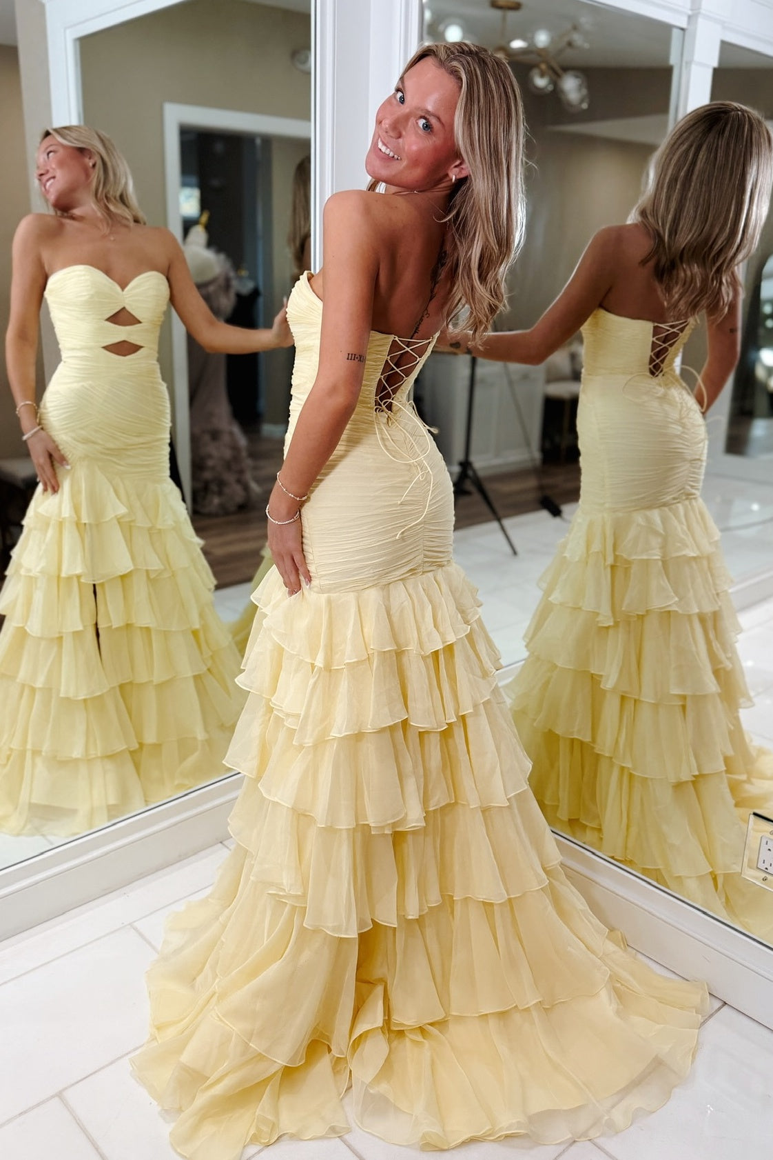 Pretty Mermaid Sweetheart Yellow Long Prom Dress with Ruffles - View 3 | VelvetHem