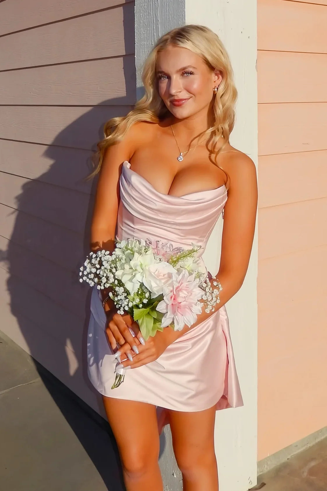 Pretty Sheath Strapless Light Pink Corset Homecoming Dress with Ruched