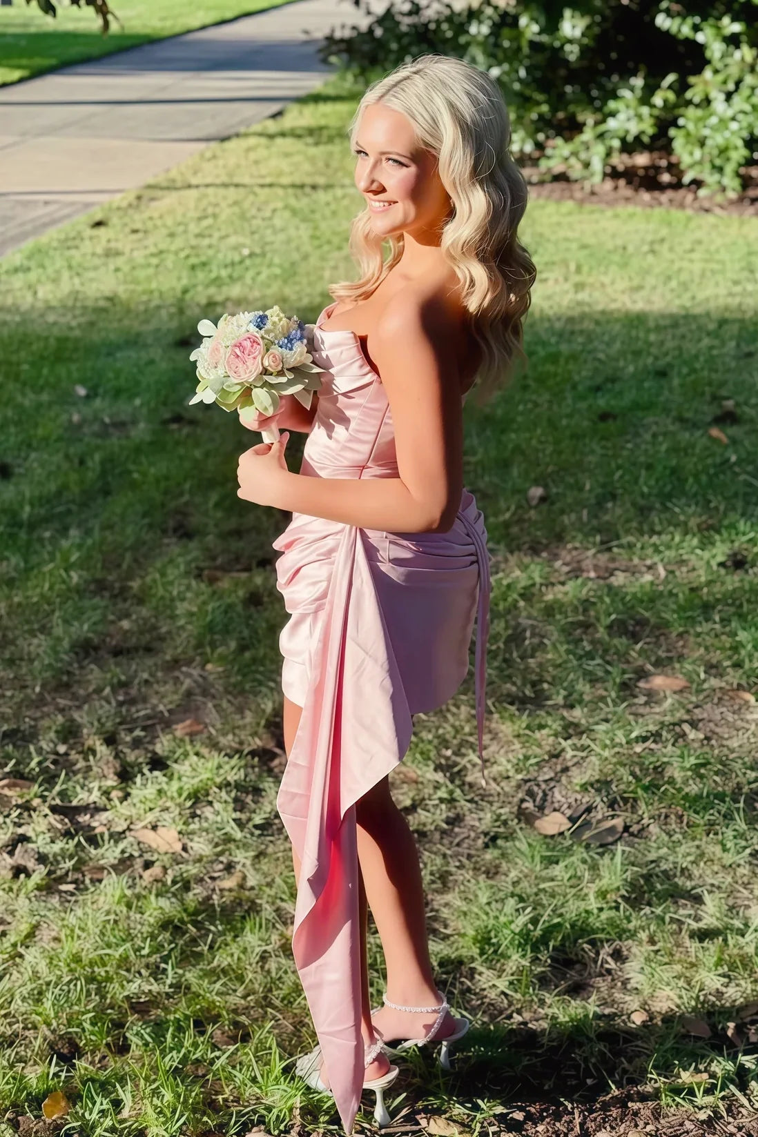 Pretty Sheath Strapless Light Pink Corset Homecoming Dress with Ruched