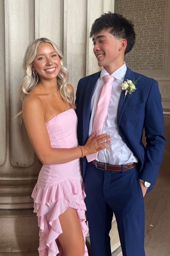 Pretty Sheath Strapless Pink Long Party Dress with Ruffles Split Front - View 4 | VelvetHem