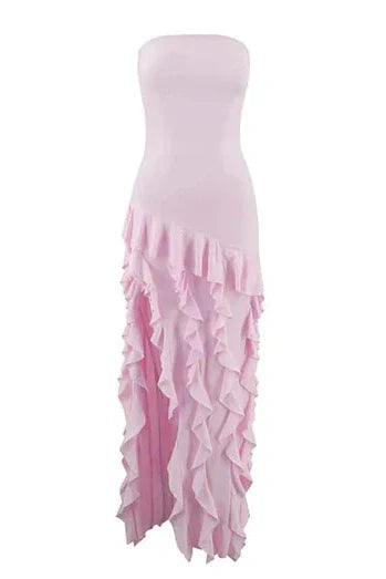 Pretty Sheath Strapless Pink Long Party Dress with Ruffles Split Front - View 5 | VelvetHem