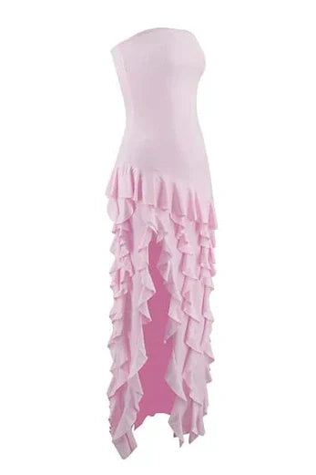 Pretty Sheath Strapless Pink Long Party Dress with Ruffles Split Front - View 6 | VelvetHem