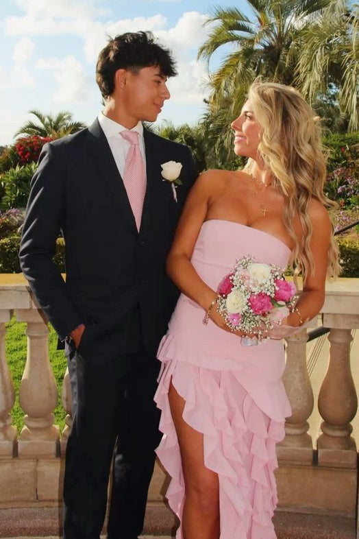 Pretty Sheath Strapless Pink Long Party Dress with Ruffles Split Front - View 2 | VelvetHem
