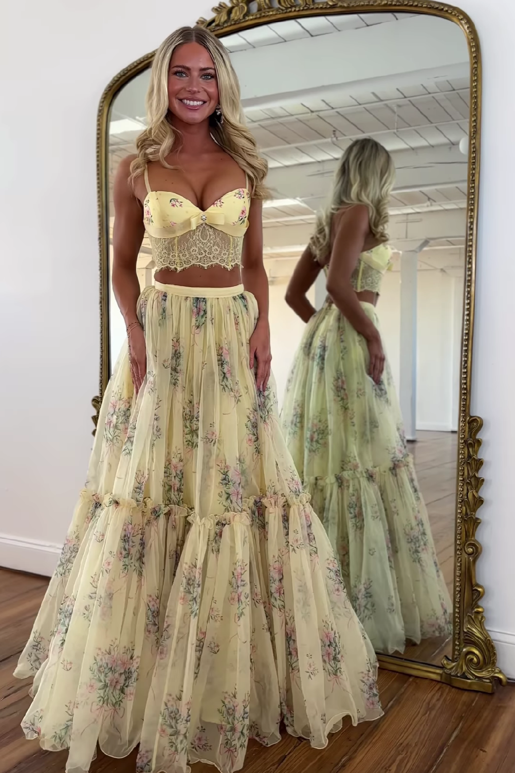 Pretty Two Piece Spaghetti Straps Yellow Long Prom Dress with Lace Ruffles