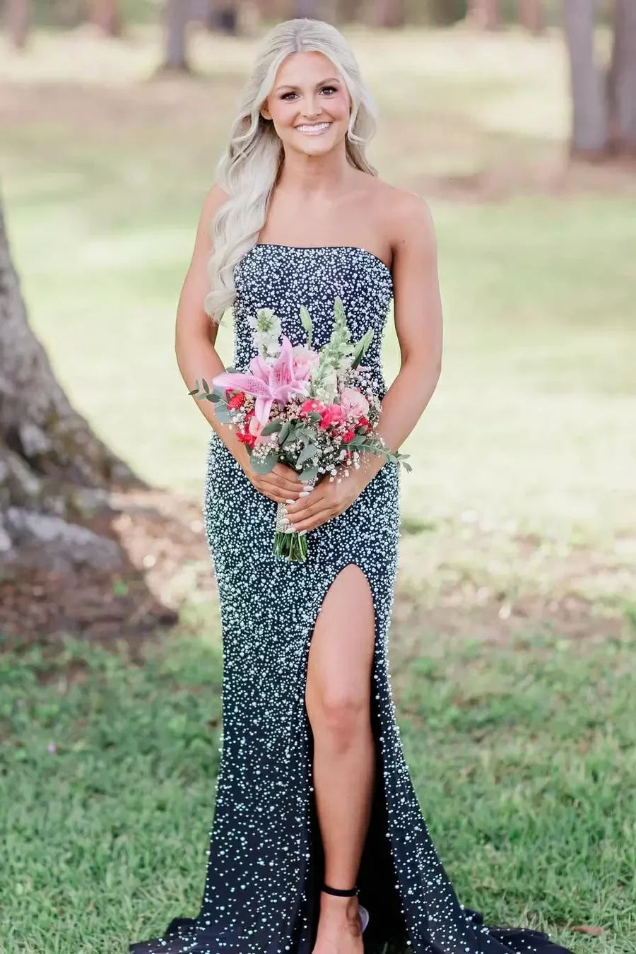 Pretty Mermaid Strapless Pink Long Prom Dress with Pearls - View 11 | VelvetHem