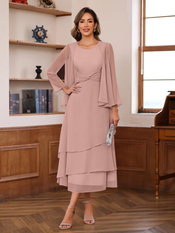 A Line 2 Piece Tea Length Mother of the Bride Dress with Scoop Neck Ruffles & Jacket