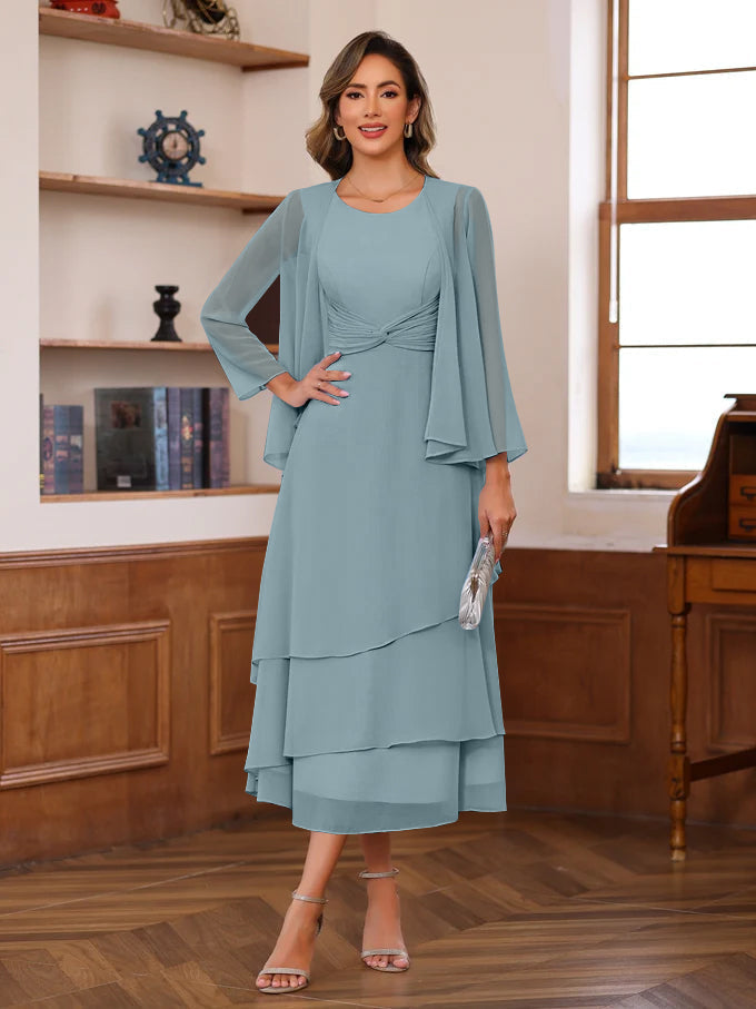A Line 2 Piece Tea Length Mother of the Bride Dress with Scoop Neck Ruffles & Jacket