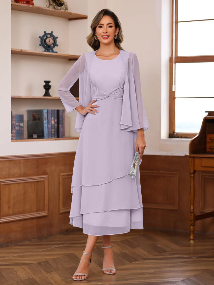 A Line 2 Piece Tea Length Mother of the Bride Dress with Scoop Neck Ruffles & Jacket