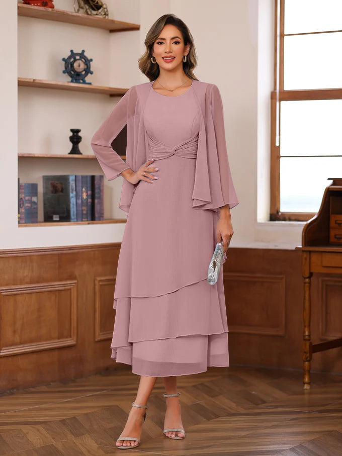 A Line 2 Piece Tea Length Mother of the Bride Dress with Scoop Neck Ruffles & Jacket
