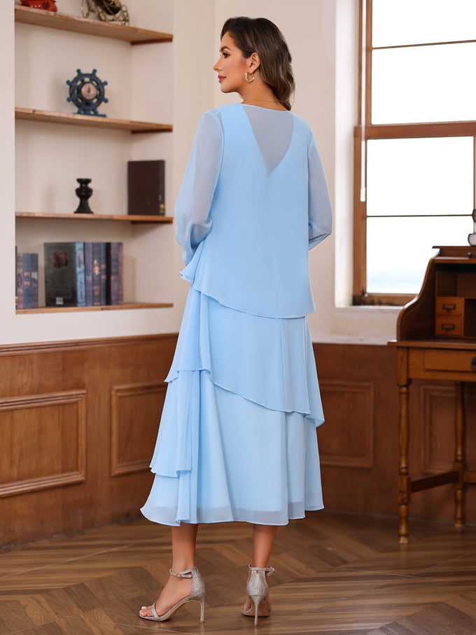 A Line 2 Piece Tea Length Mother of the Bride Dress with Scoop Neck Ruffles & Jacket