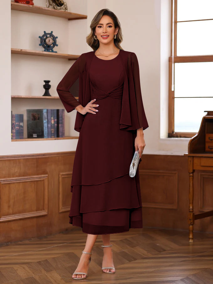 A Line 2 Piece Tea Length Mother of the Bride Dress with Scoop Neck Ruffles & Jacket