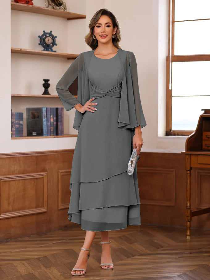 A Line 2 Piece Tea Length Mother of the Bride Dress with Scoop Neck Ruffles & Jacket