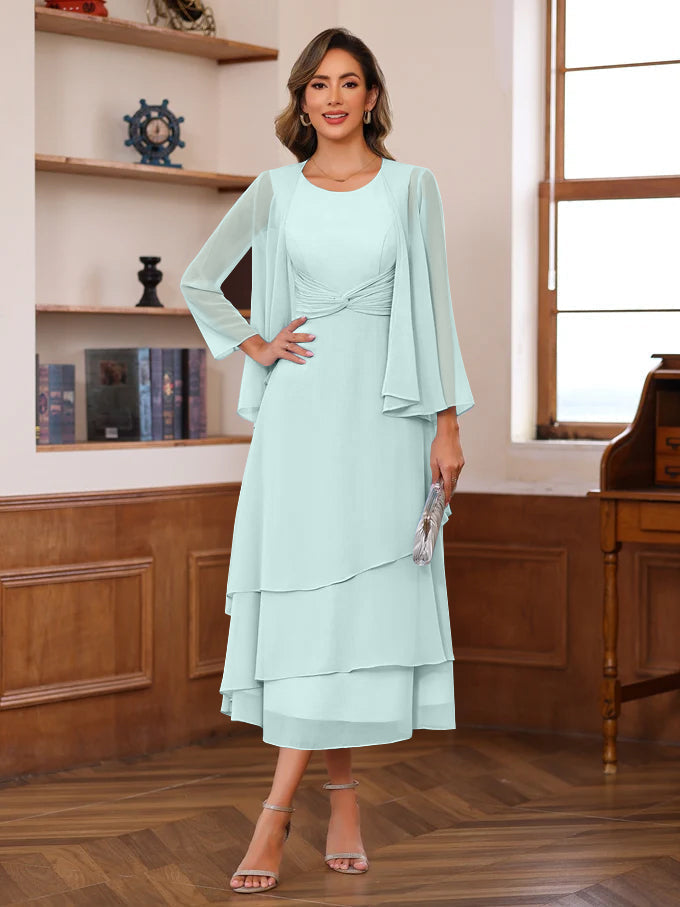 A Line 2 Piece Tea Length Mother of the Bride Dress with Scoop Neck Ruffles & Jacket