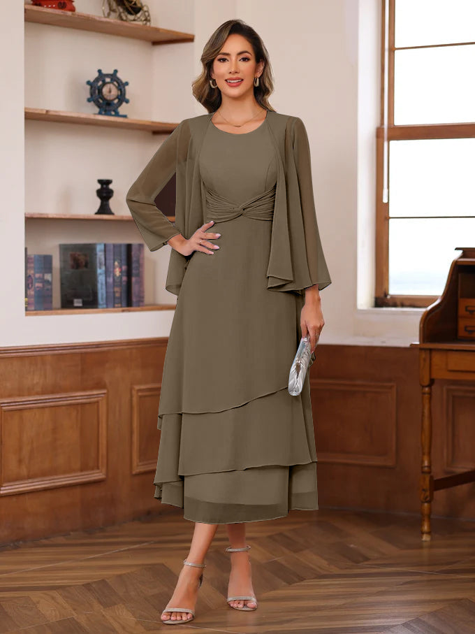 A Line 2 Piece Tea Length Mother of the Bride Dress with Scoop Neck Ruffles & Jacket