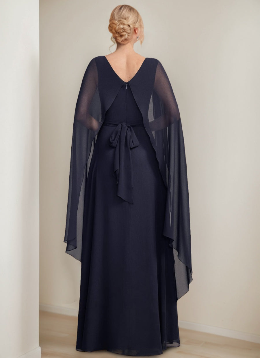 A Line Long Mother of the Bride Dress with Cape Sleeves Bow and Ruffles