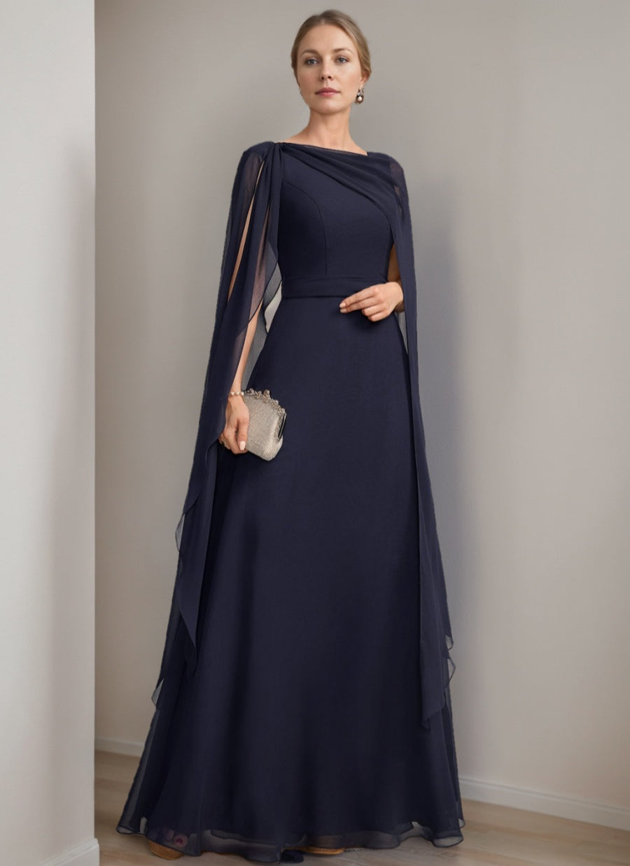 A Line Long Mother of the Bride Dress with Cape Sleeves Bow and Ruffles