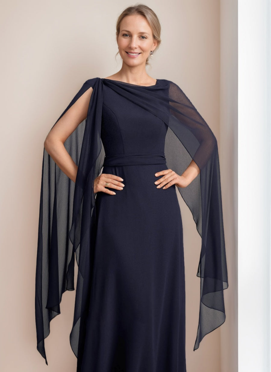 A Line Long Mother of the Bride Dress with Cape Sleeves Bow and Ruffles