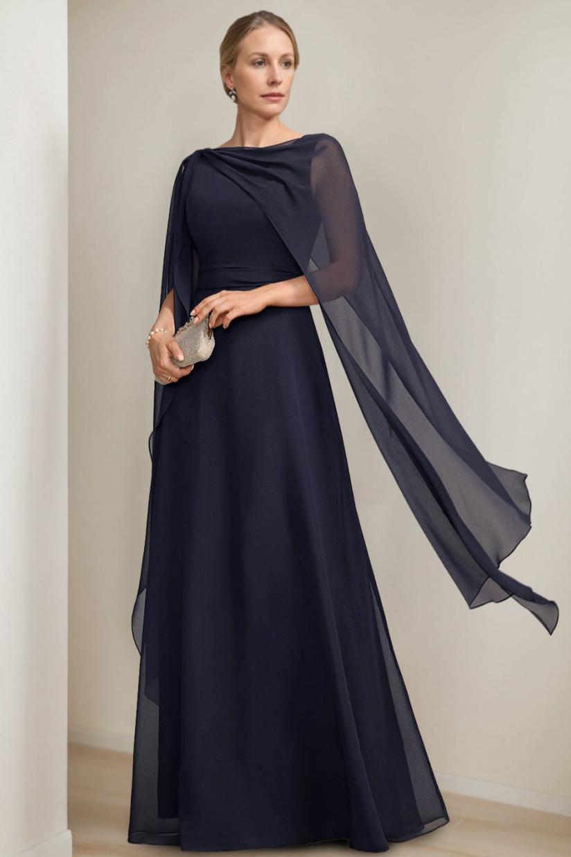 A Line Long Mother of the Bride Dress with Cape Sleeves Bow and Ruffles