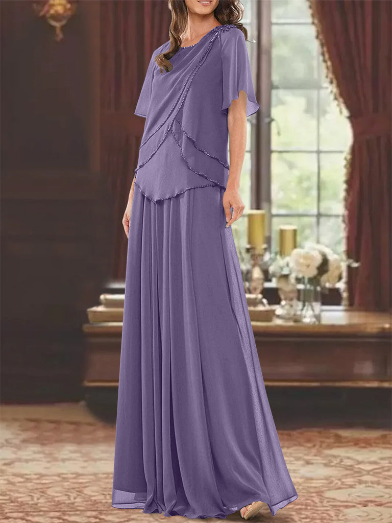 A Line Long Mother of the Bride Dress with Jewel Neck Short Sleeves Pleats & Beading