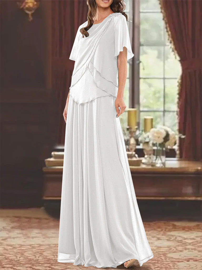 A Line Long Mother of the Bride Dress with Jewel Neck Short Sleeves Pleats & Beading