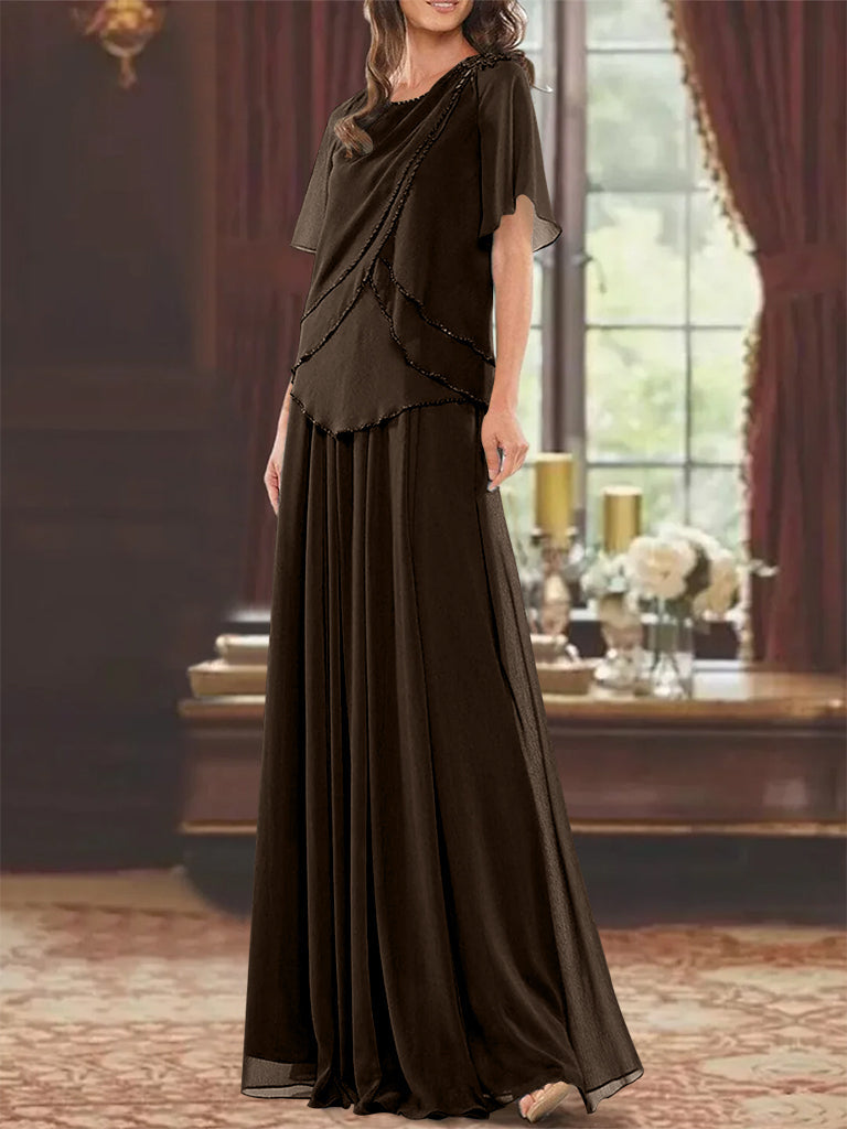 A Line Long Mother of the Bride Dress with Jewel Neck Short Sleeves Pleats & Beading