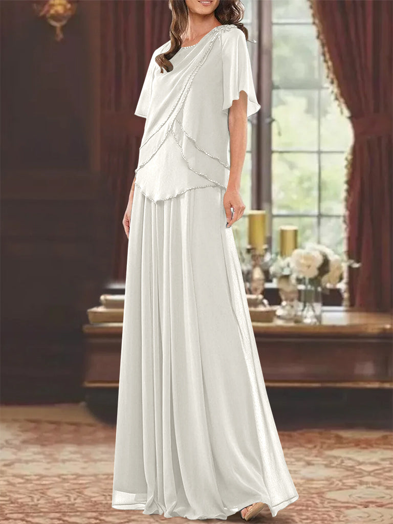 A Line Long Mother of the Bride Dress with Jewel Neck Short Sleeves Pleats & Beading