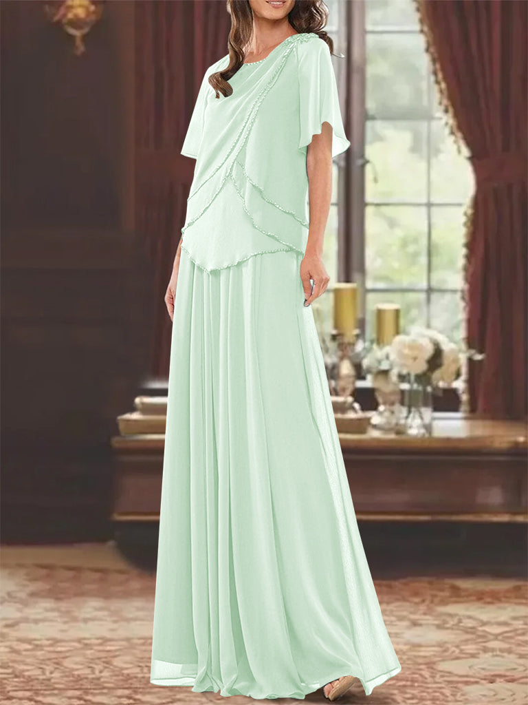 A Line Long Mother of the Bride Dress with Jewel Neck Short Sleeves Pleats & Beading