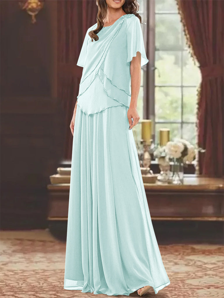 A Line Long Mother of the Bride Dress with Jewel Neck Short Sleeves Pleats & Beading