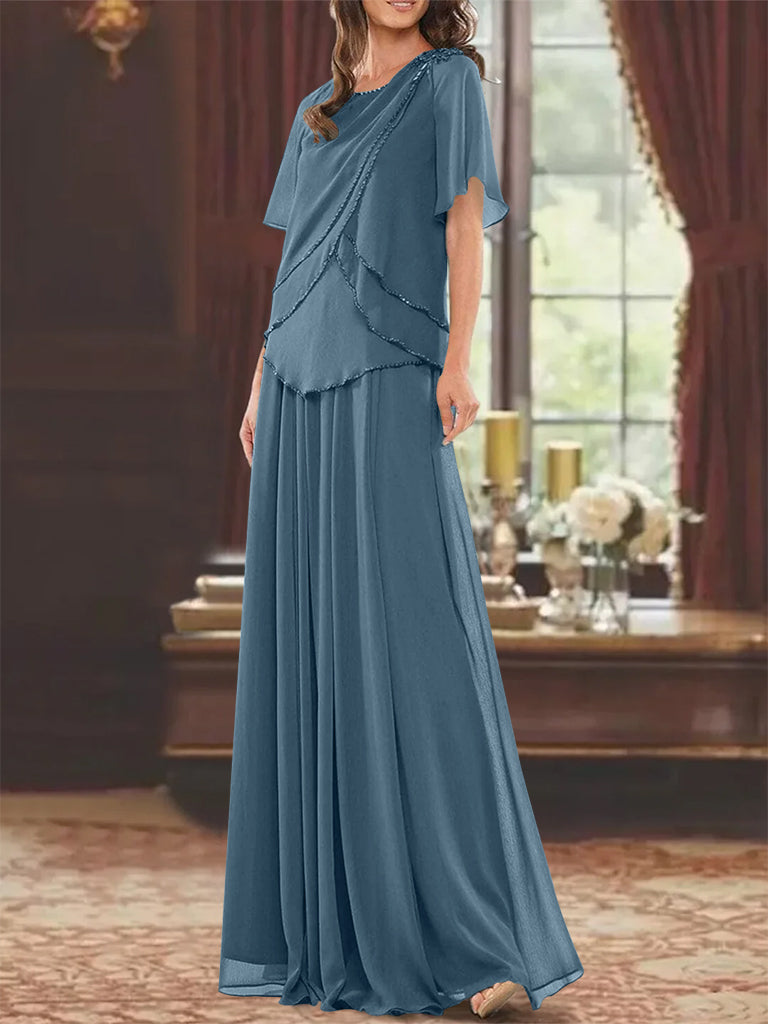 A Line Long Mother of the Bride Dress with Jewel Neck Short Sleeves Pleats & Beading