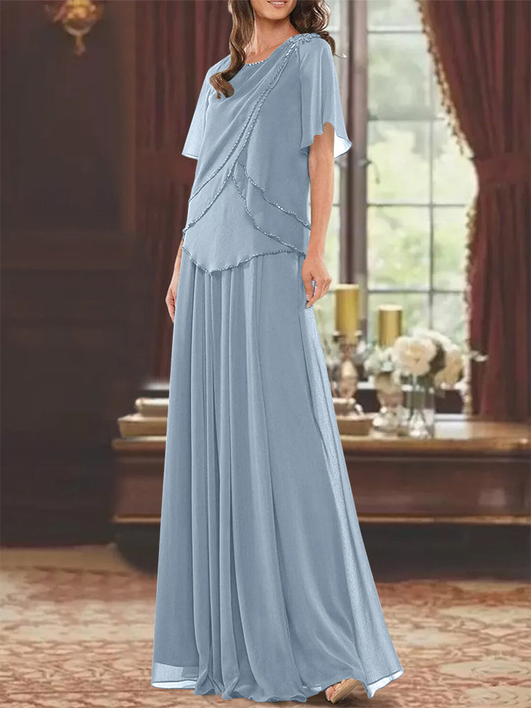 A Line Long Mother of the Bride Dress with Jewel Neck Short Sleeves Pleats & Beading