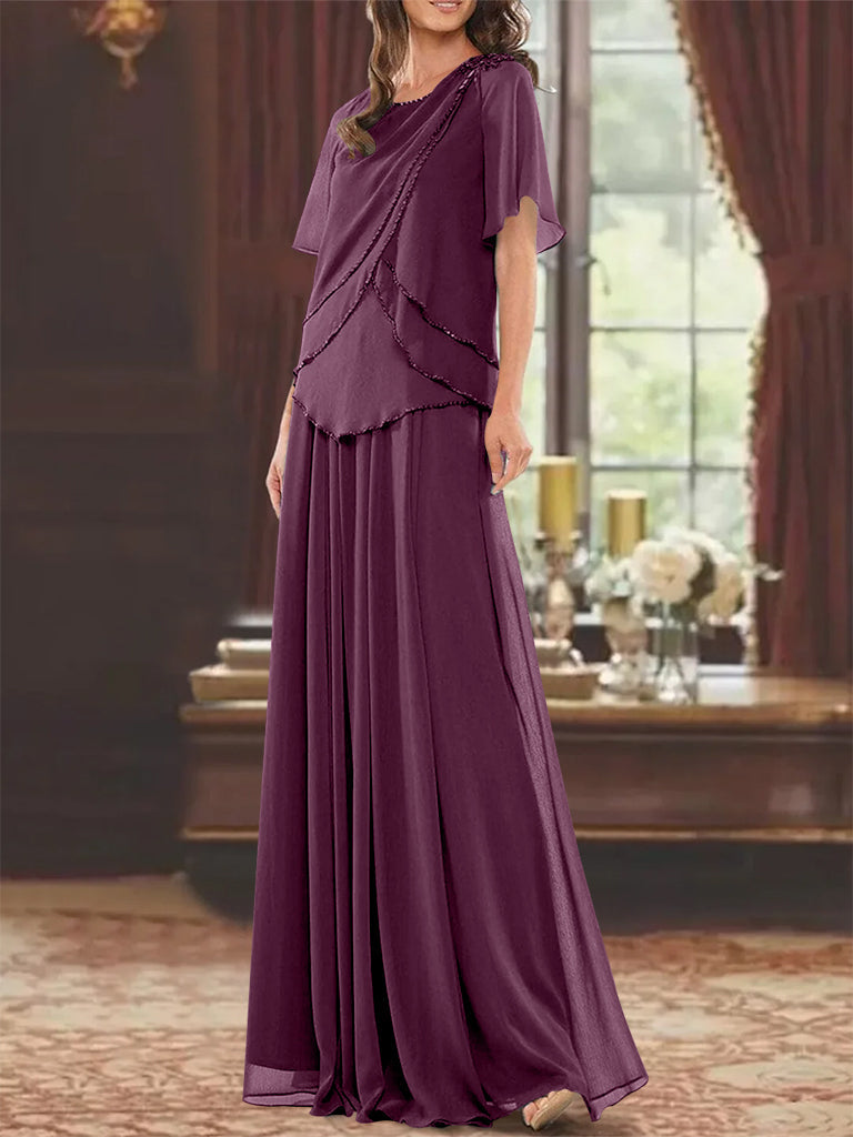 A Line Long Mother of the Bride Dress with Jewel Neck Short Sleeves Pleats & Beading