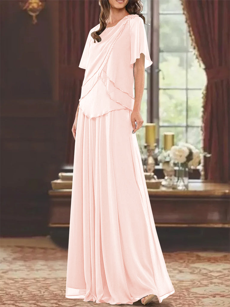 A Line Long Mother of the Bride Dress with Jewel Neck Short Sleeves Pleats & Beading